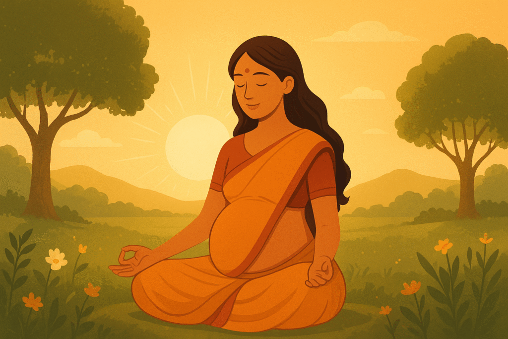 A peaceful Indian pregnant woman sitting in a sunlit room, smiling with hands on her belly, surrounded by soft lotus flowers, a serene aura glowing around her, inspired by Ayurveda and Garbh Sanskar traditions, semi-realistic, warm tones, landscape.