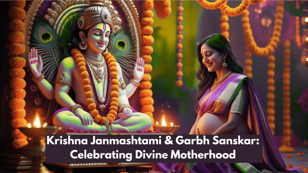 A vibrant Indian festive scene depicting a pregnant woman in a traditional Marathi saree sitting peacefully near a beautifully decorated Krishna idol with flowers, peacock feathers, and oil lamps, warm and colorful atmosphere, semi-realistic digital art, landscape