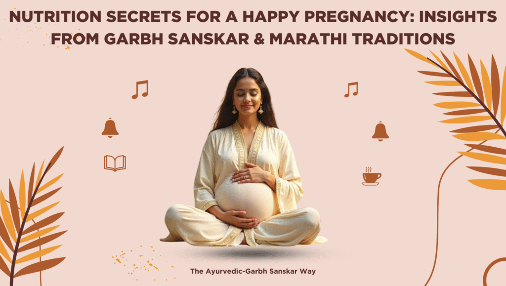 A warm, vibrant illustration of a pregnant woman sitting at a traditional Maharashtrian dining setup, with sattvik food on banana leaf: puran poli with ghee, dahi-bhaat, modaks, fruits, and milk. Background shows rangoli and festive elements. Style: semi-realistic, cultural, homely, landscape.