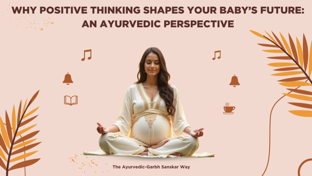 A peaceful Indian pregnant woman sitting in a sunlit room, smiling with hands on her belly, surrounded by soft lotus flowers, a serene aura glowing around her, inspired by Ayurveda and Garbh Sanskar traditions, semi-realistic, warm tones, landscape.